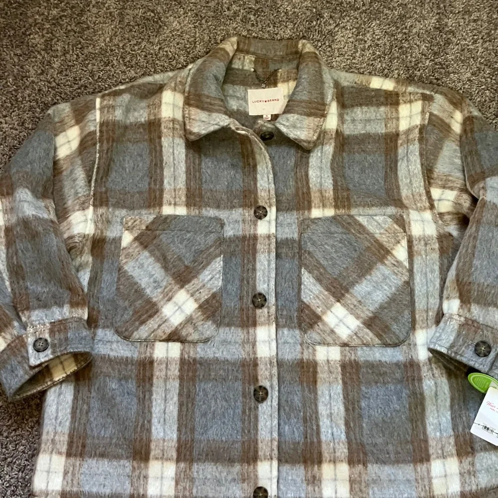 Lucky Brand Plaid Shacket Womens XL Grey Brown Oversize‎ Shirt Jacket New